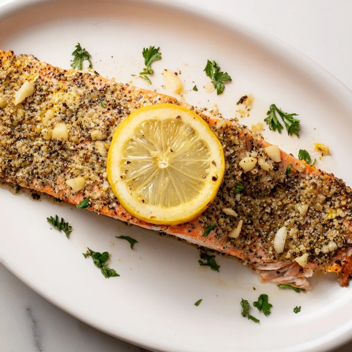 Perfectly baked salmon fillet with lemon pepper seasoning flaking easily with a fork, paired with roasted asparagus for a healthy dinner.