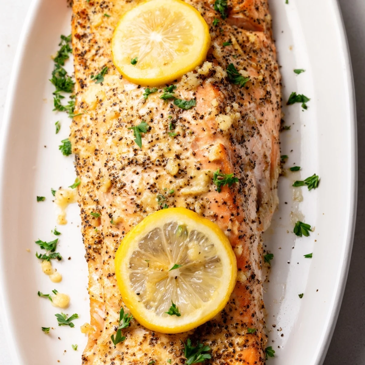 Golden-brown Baked Salmon with Lemon Pepper rests on a baking sheet, glistening with olive oil and fresh lemon slices before serving.