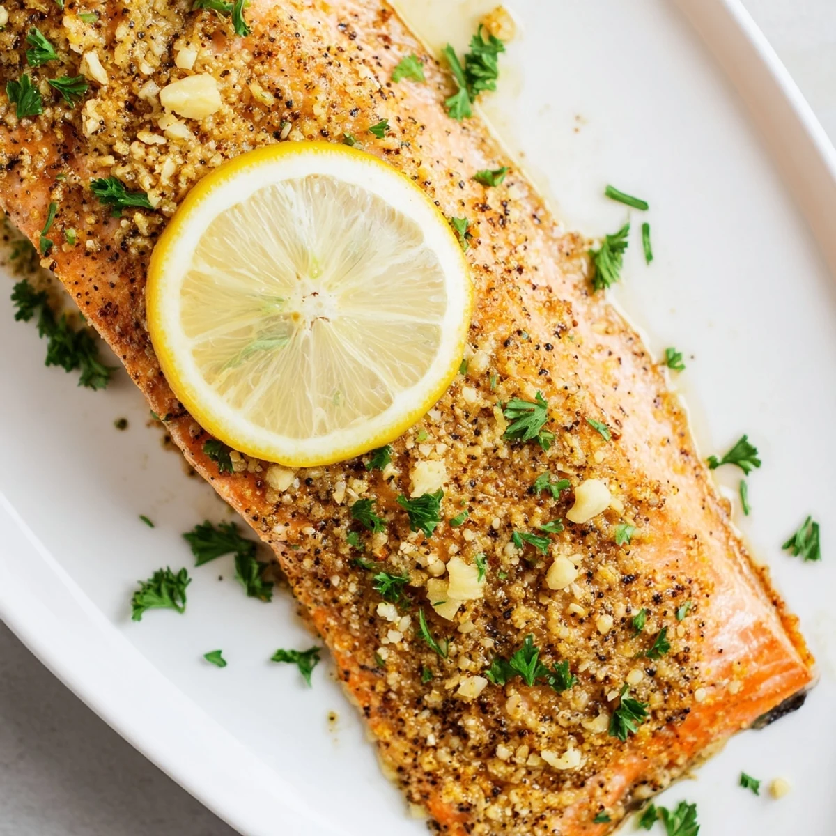 Juicy Baked Salmon with Lemon Pepper garnished with fresh parsley and lemon wedges, ready to be served on a white ceramic plate.