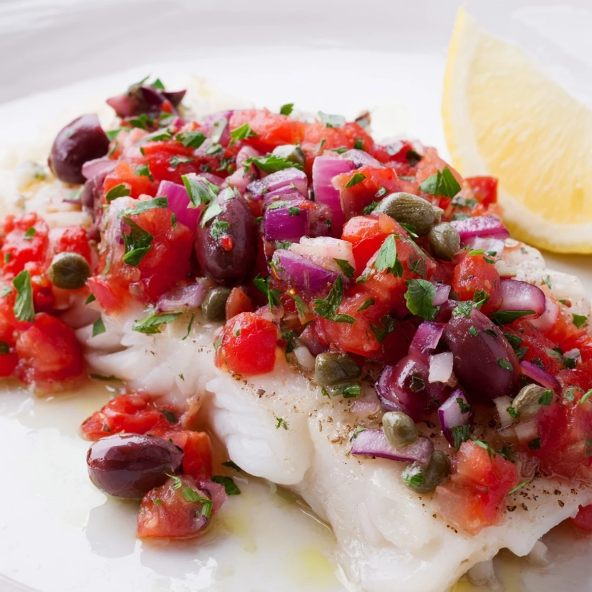 Tender flaky baked cod fillets topped with a vibrant tomato and olive salsa, ready to serve with steamed vegetables for a light Mediterranean dinner.