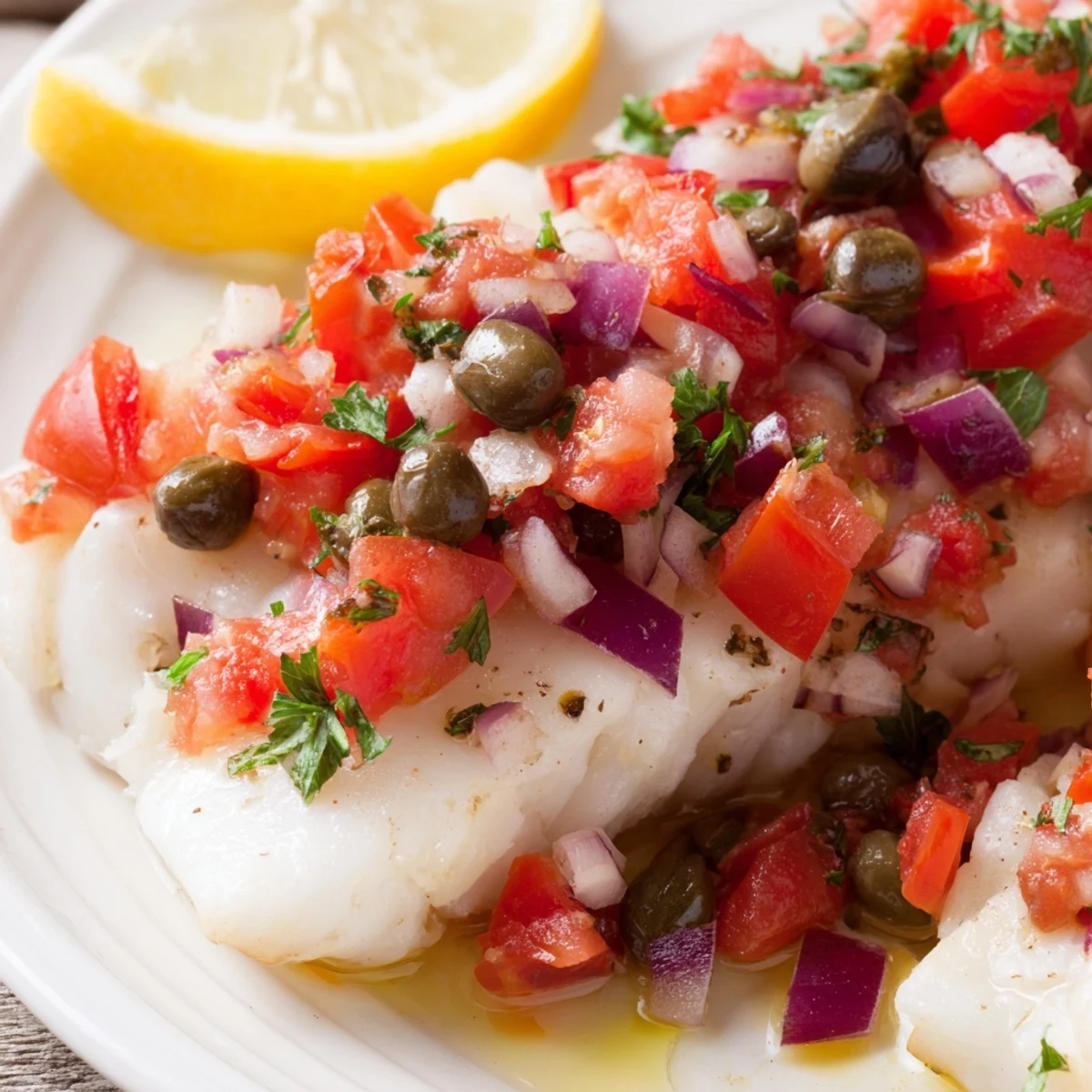 Colorful tomato and olive salsa spooned over golden baked cod fillets, with lemon slices nearby, capturing a bright and flavorful main dish presentation.