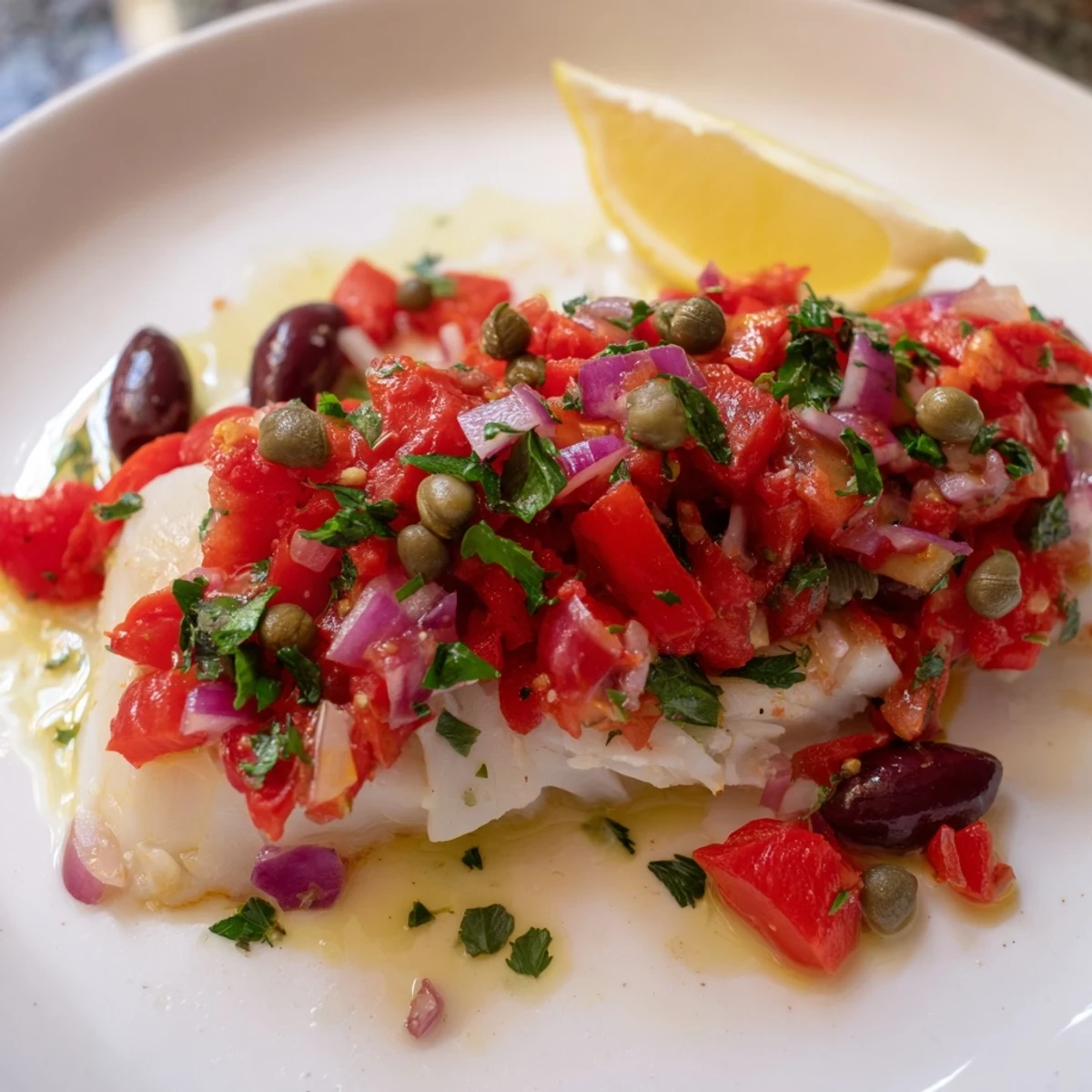 Freshly baked cod with a zesty tomato and olive salsa garnished with parsley, presented on a white plate for a classic weeknight meal.
