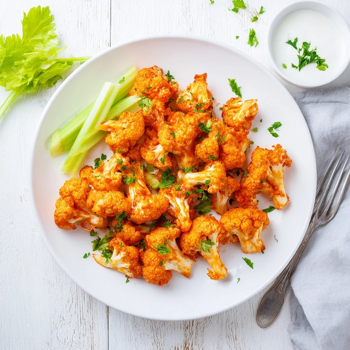 Golden-brown, crispy Spicy Buffalo Cauliflower Bites fresh from the oven, tossed in vibrant red sauce and served with a cooling ranch dip.