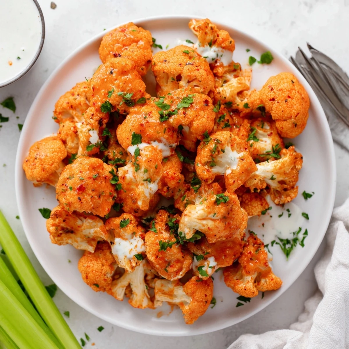 Battered and baked cauliflower florets coated in tangy buffalo sauce, paired with crunchy celery sticks for a classic appetizer platter.