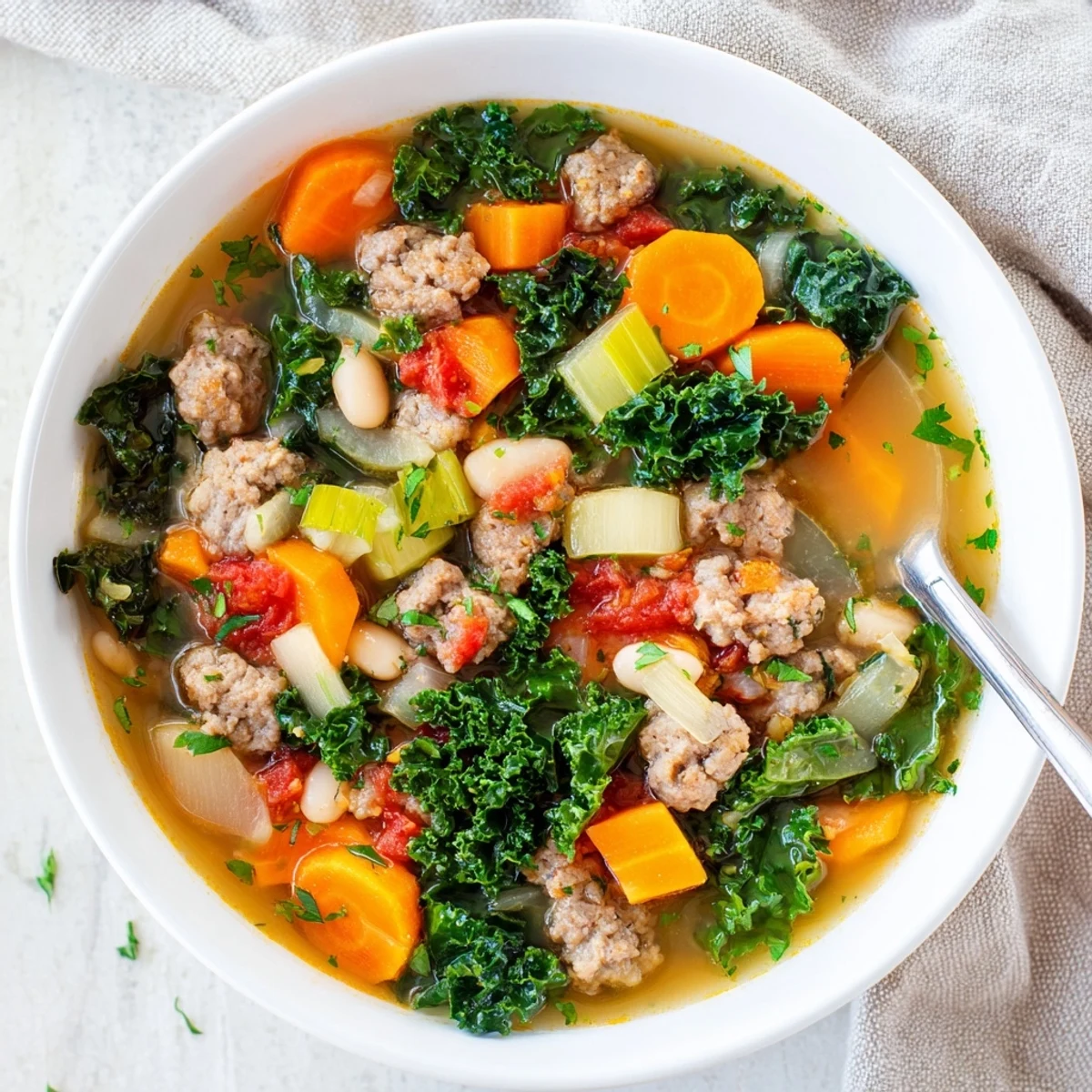 Steaming bowl of Turkey Sausage and Kale Soup, ladled with hearty sausage chunks and vibrant green kale leaves.