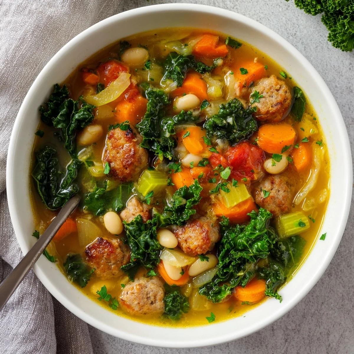 Close-up of Turkey Sausage and Kale Soup served in a rustic mug, garnished with fresh parsley and lemon wedges.