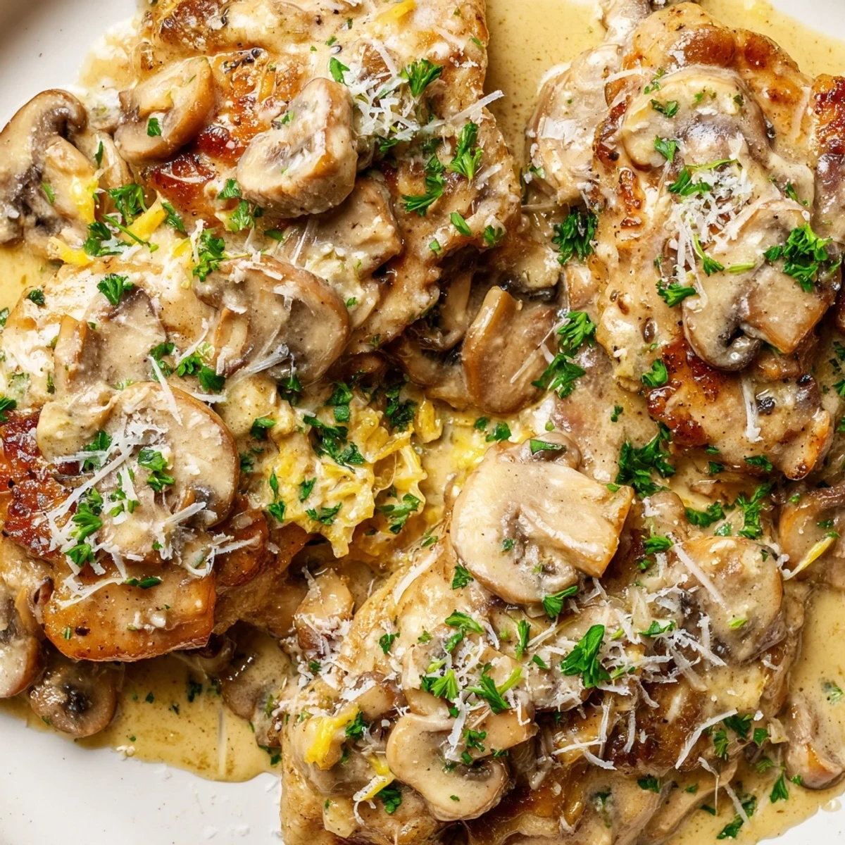 Golden-brown seared Creamy Garlic Mushroom Chicken Thighs simmered in a rich, aromatic mushroom sauce garnished with fresh parsley.