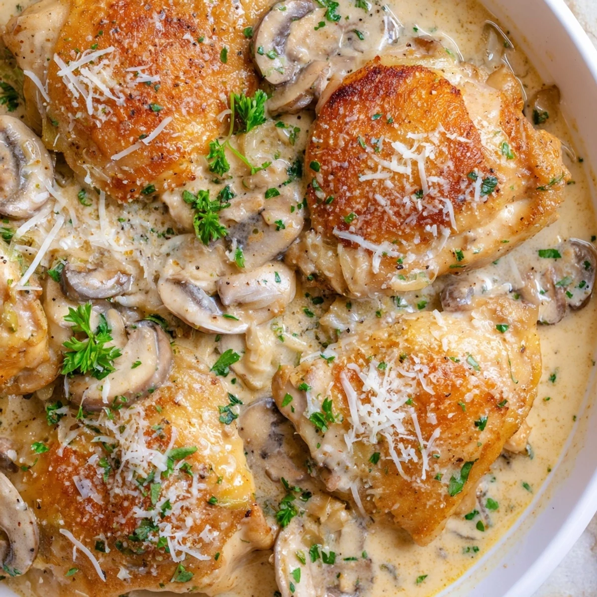 Close-up of Creamy Garlic Mushroom Chicken Thighs in a skillet, featuring golden chicken thighs and tender mushrooms coated in creamy garlic sauce.