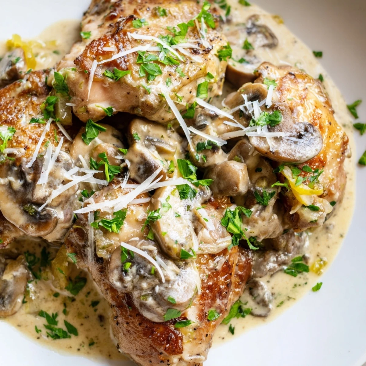 Juicy Creamy Garlic Mushroom Chicken Thighs served over creamy mashed potatoes with fresh thyme and a spoonful of savory sauce.