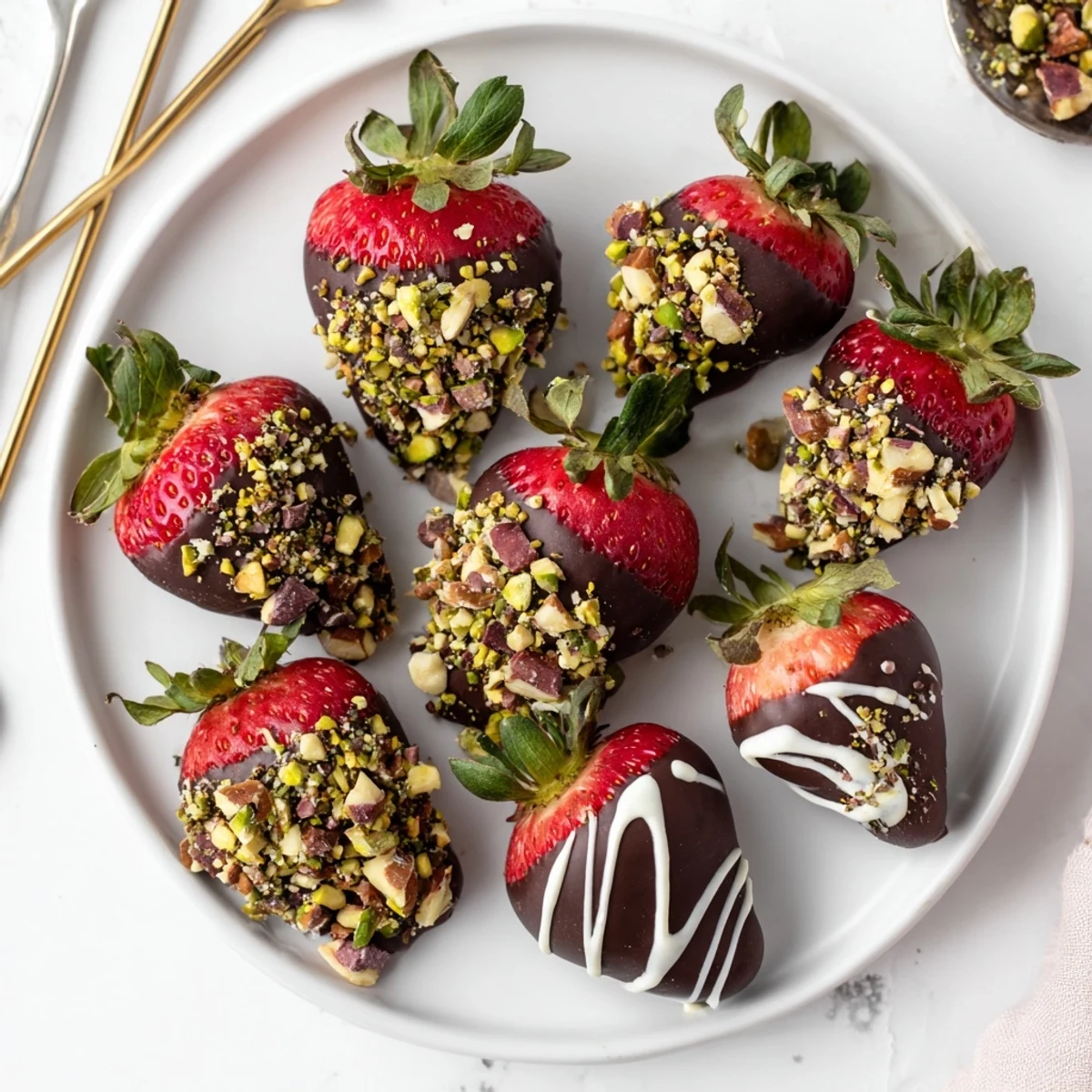Juicy berries half-coated in melted chocolate with a glossy finish, sprinkled with chopped almonds and pistachios on parchment paper.