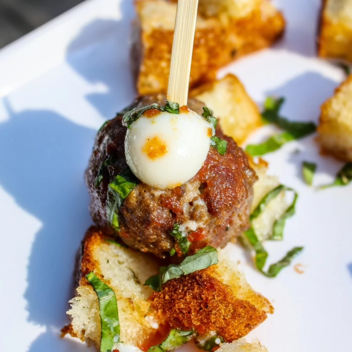 Golden toasted bread cubes layered with savory beef meatballs, gooey mozzarella, and marinara on a wooden platter, ready for dipping.