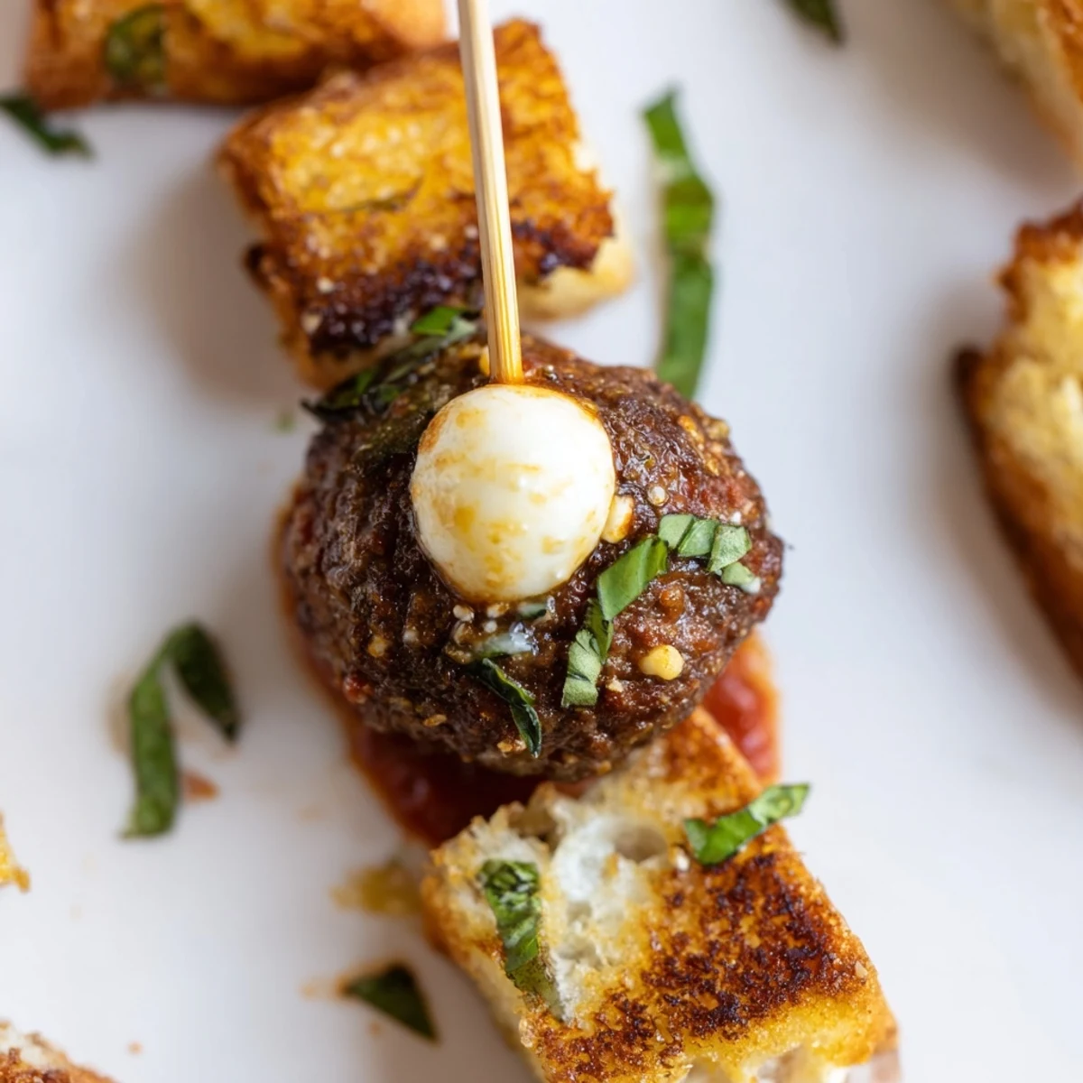 Game Day Meatball Sub Bites on Skewers are arranged on a platter, drizzled with melted butter and fresh basil garnish.