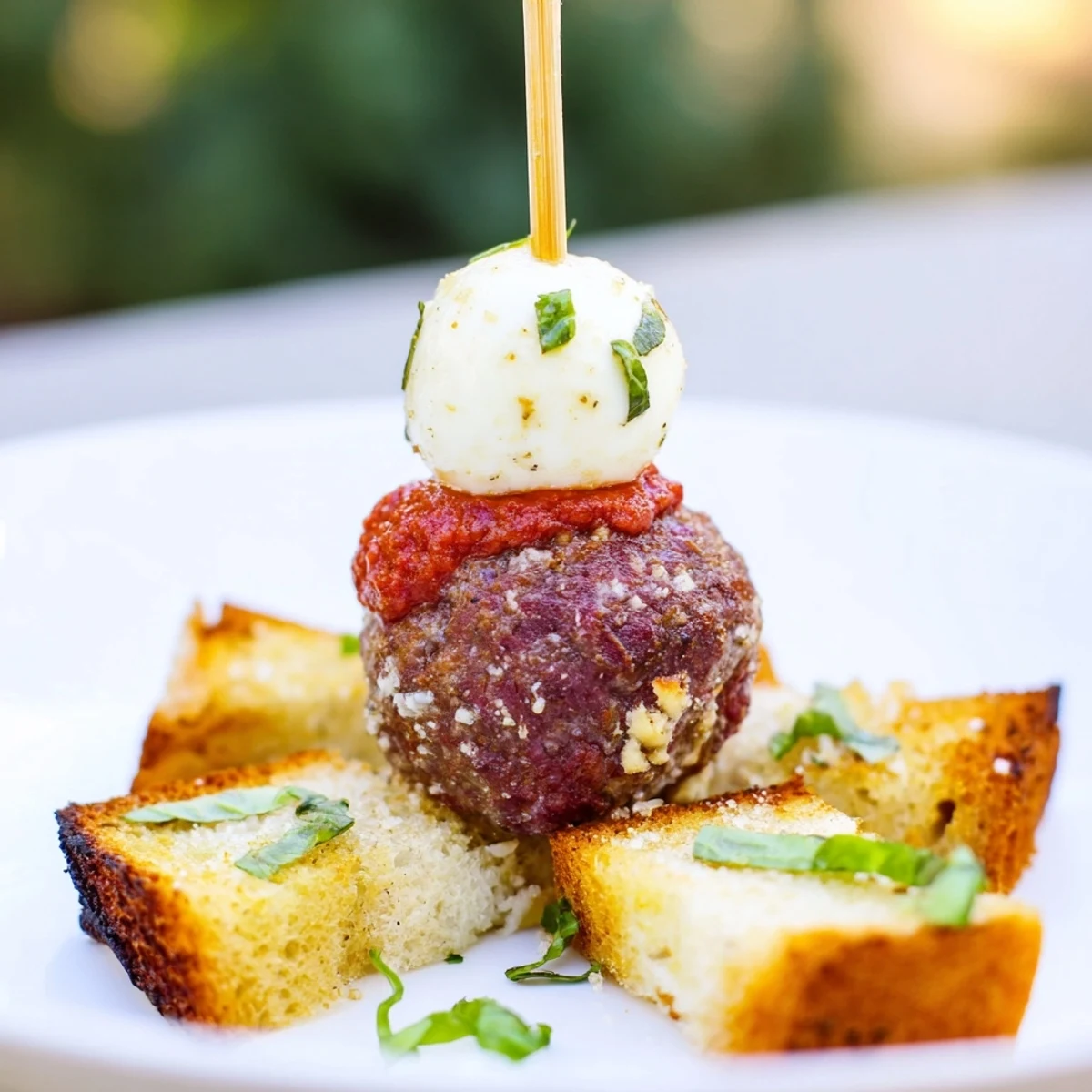 A close-up of Game Day Meatball Sub Bites on Skewers shows juicy meatballs, melted cheese, and toasted bread brushed with butter.