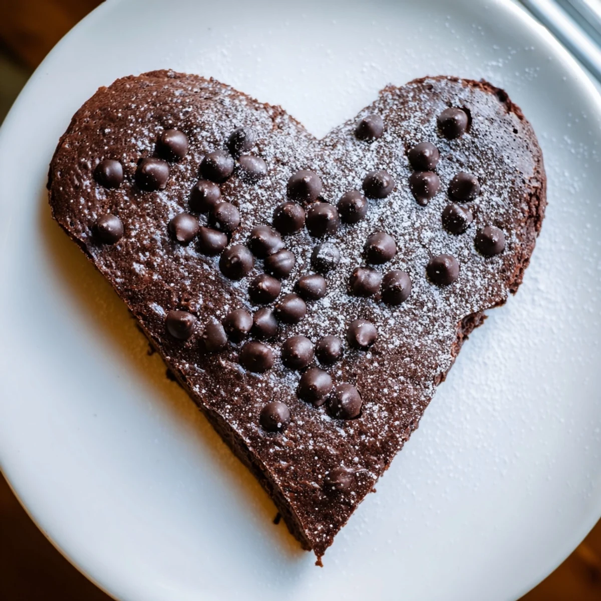 Fudgy, crackle-topped Valentine Heart Shaped Brownies with chocolate chips, cut neatly and displayed on a white plate.