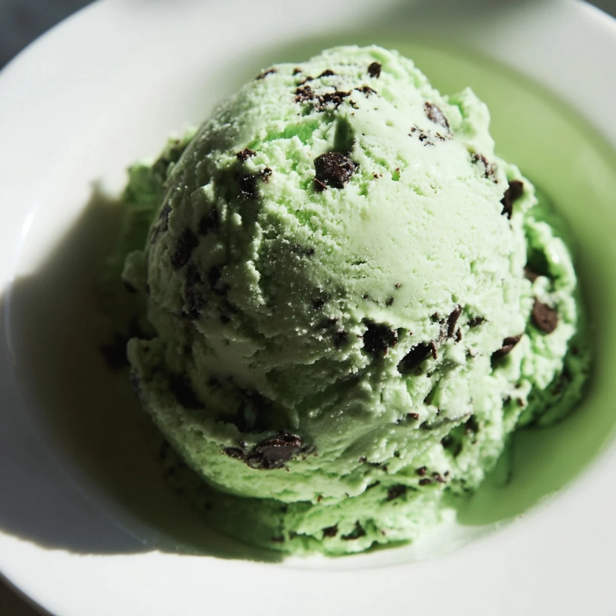 Creamy green mint chip ice cream scoops in a glass bowl, ready to serve.