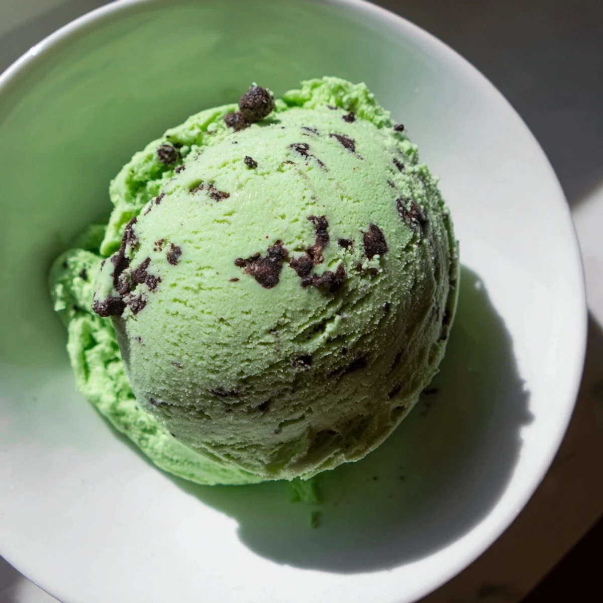 Vibrant green mint chip ice cream topped with extra chocolate chips on a spoon.
