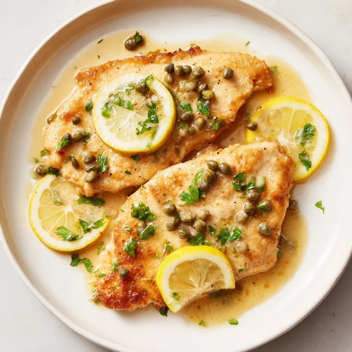Golden-brown breaded chicken piccata is topped with lemon slices, fresh parsley, and briny capers in a glossy butter sauce.
