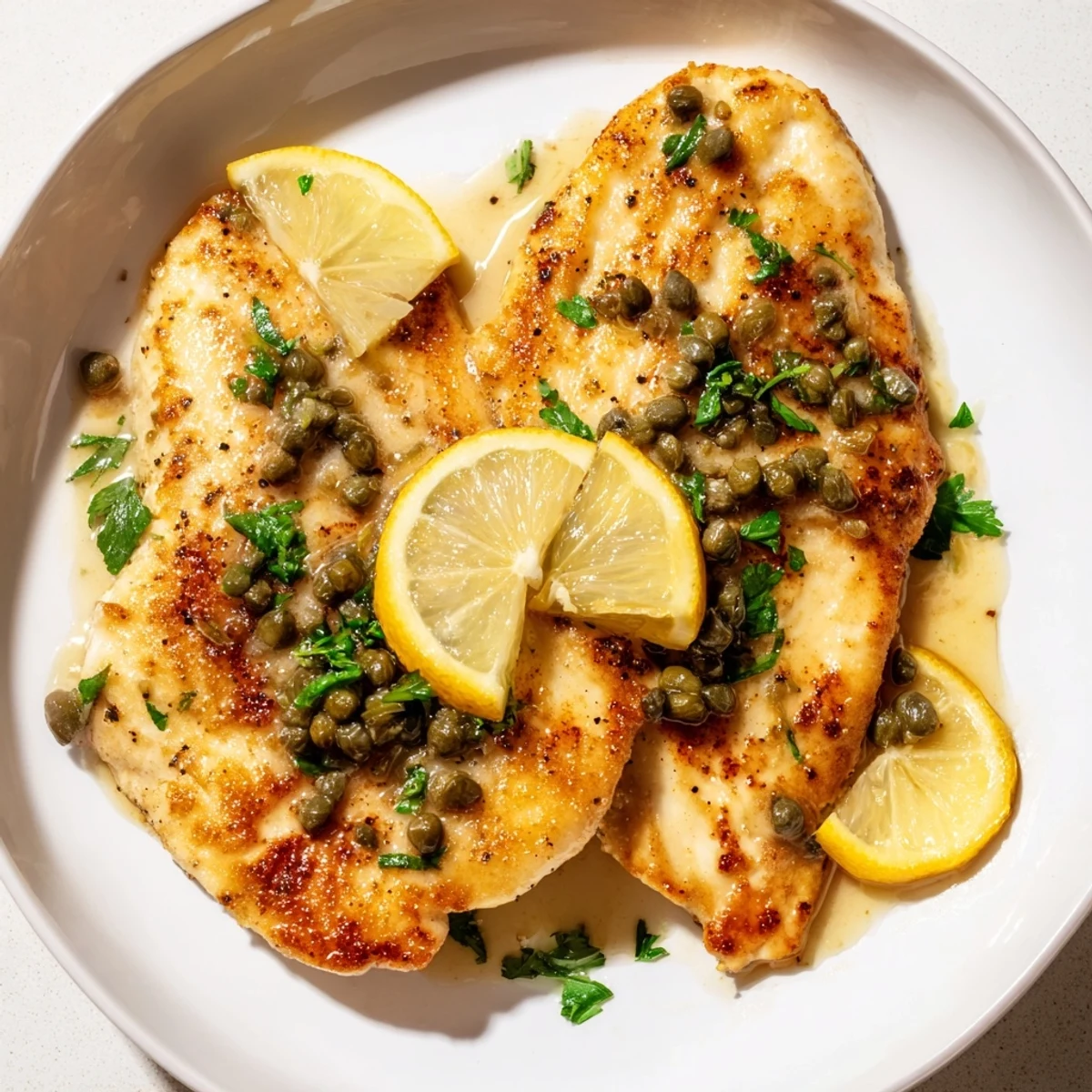 Tender sliced chicken piccata is spooned with rich lemon-caper sauce and garnished with fresh parsley and bright lemon rounds.