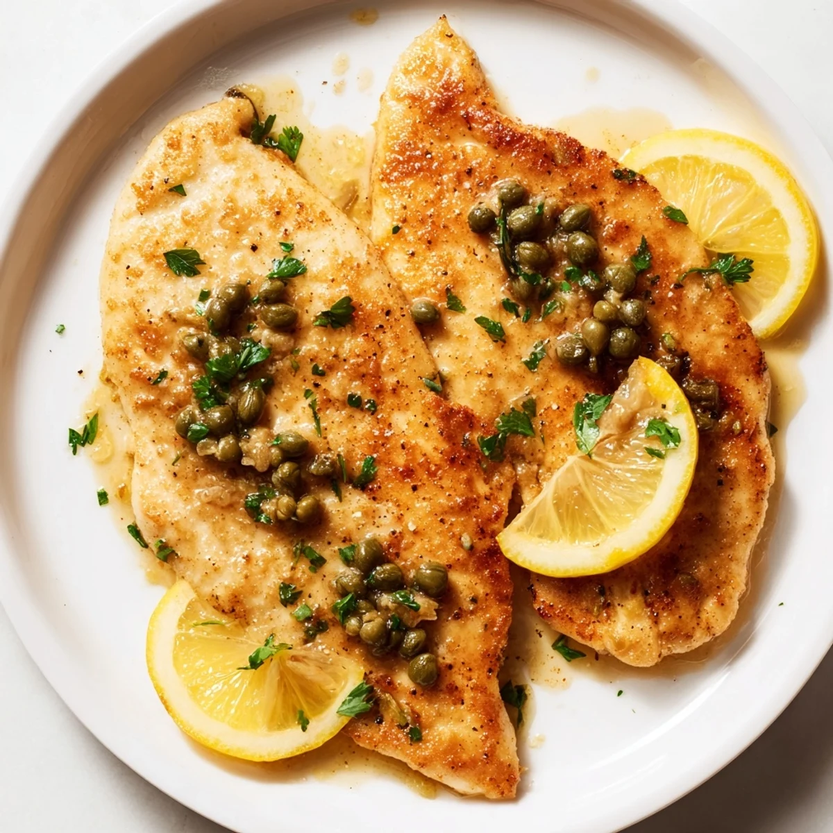 Sizzling chicken piccata simmers in a lemon-butter caper sauce, served alongside twirled angel hair pasta on a romantic dinner plate.