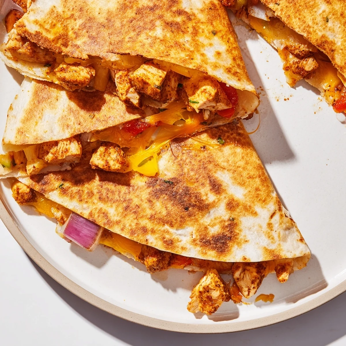 Melted cheese and colorful peppers peek from crispy tortillas next to creamy guacamole.