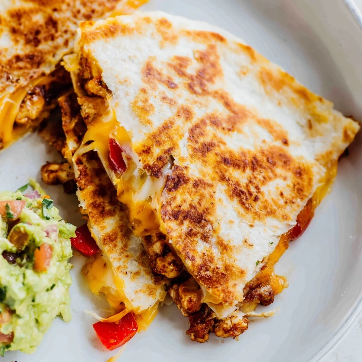 A fork holds a bite of Championship Chicken Quesadillas, showing seasoned chicken filling.