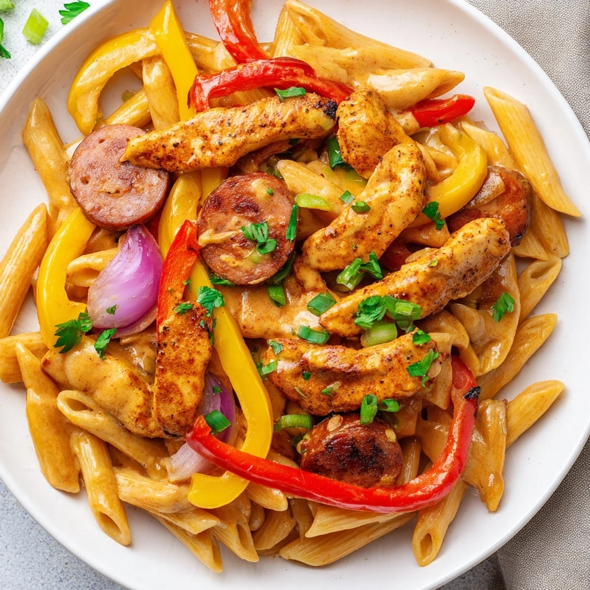 Steaming Mardi Gras Pasta with Creamy Cajun Sauce twirls on a fork next to a glass of white wine.