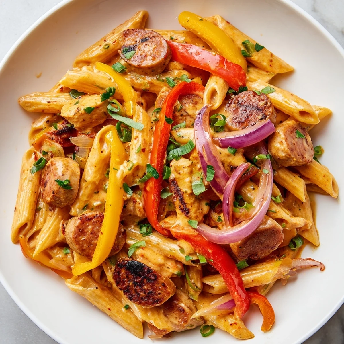 Sizzling skillet of Mardi Gras Pasta with Creamy Cajun Sauce garnished with fresh parsley and green onions.