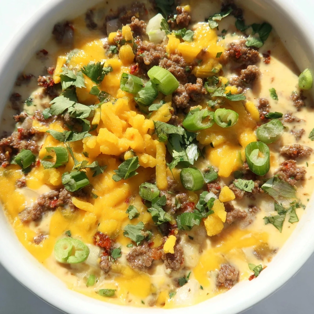 Creamy, spicy Touchdown Spicy Beef Queso Dip with melted cheese, seasoned beef, and diced tomatoes served hot with tortilla chips.