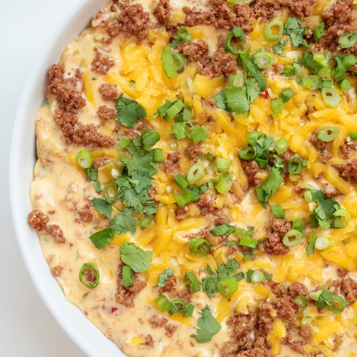 A warm bowl of Touchdown Spicy Beef Queso Dip topped with fresh cilantro and green onions, ready for game day snacking.
