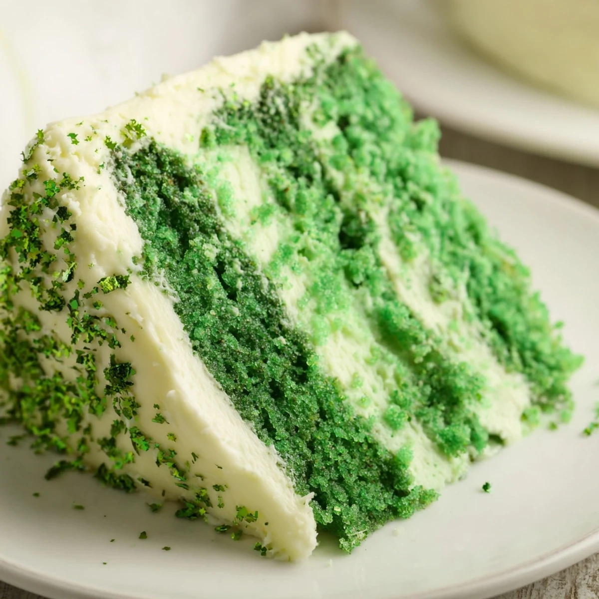 Decadent St. Patricks Day Green Velvet Cake topped with creamy frosting and sprinkles, close-up view.