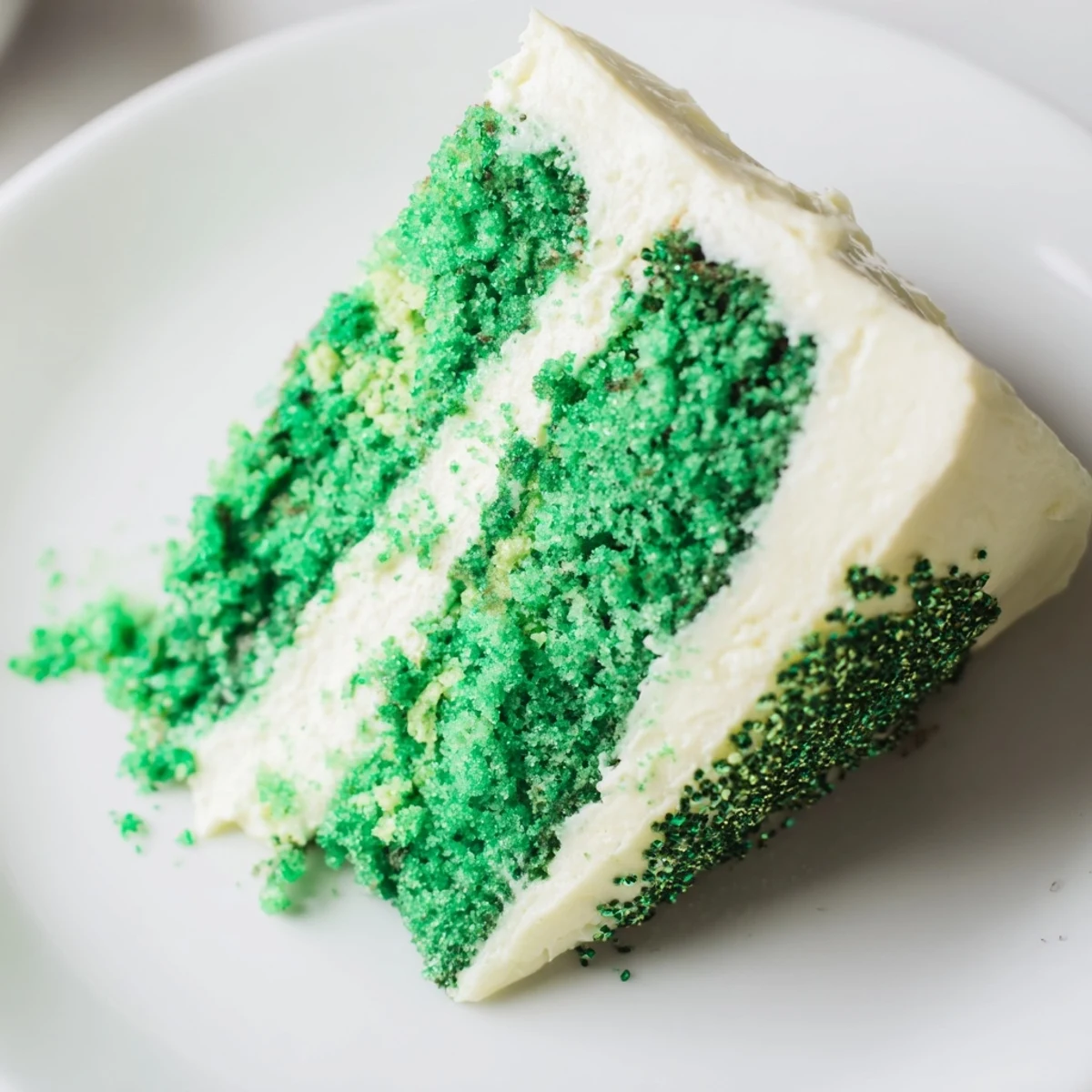 Frosted St. Patricks Day Green Velvet Cake layers on a plate, perfect for a festive dessert.