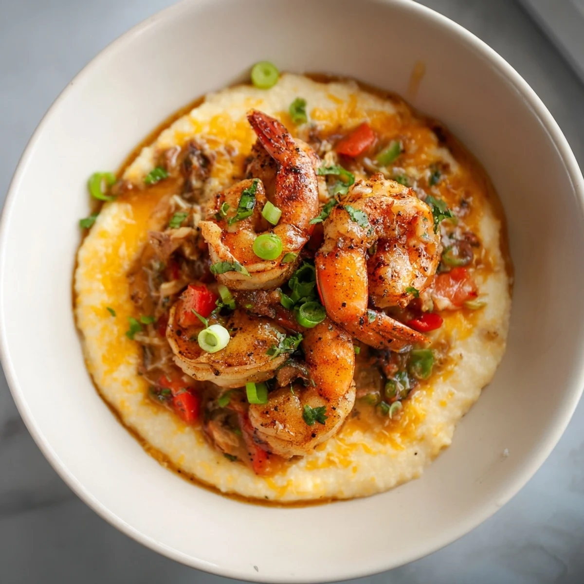 Creamy cheddar grits topped with sautéed Louisiana style shrimp and grits in a spicy, buttery sauce, garnished with fresh parsley.