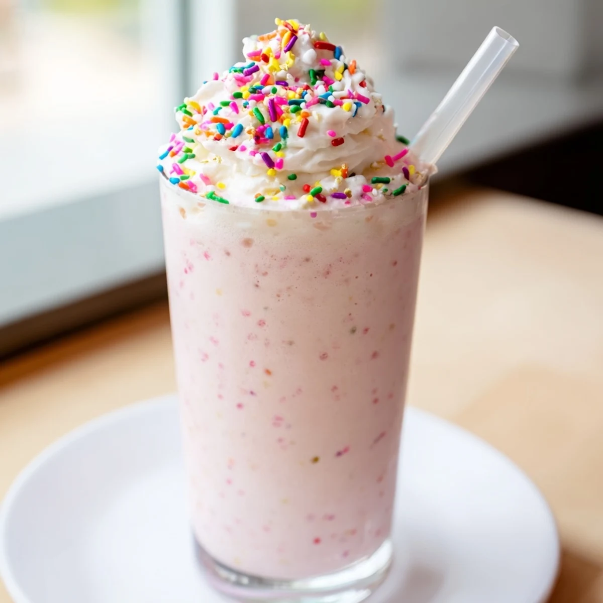 Two frosted glasses of Pink Strawberry Milkshake with Sprinkles beside fresh berries.