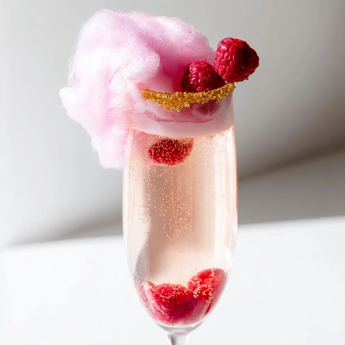 Stemmed champagne flute filled with Pink Champagne Mocktail and cotton candy, set beside fresh strawberries and a glittering gold rim.