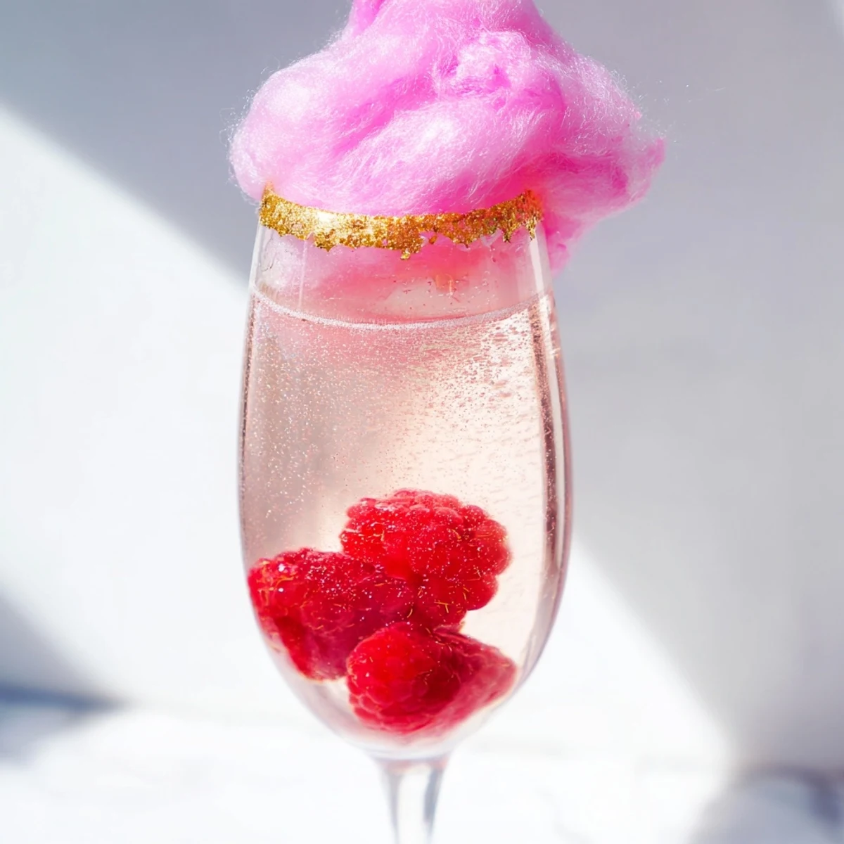 Close-up of a Pink Champagne Mocktail with cotton candy melting into bubbly pink liquid, served in a crystal glass on a party table.
