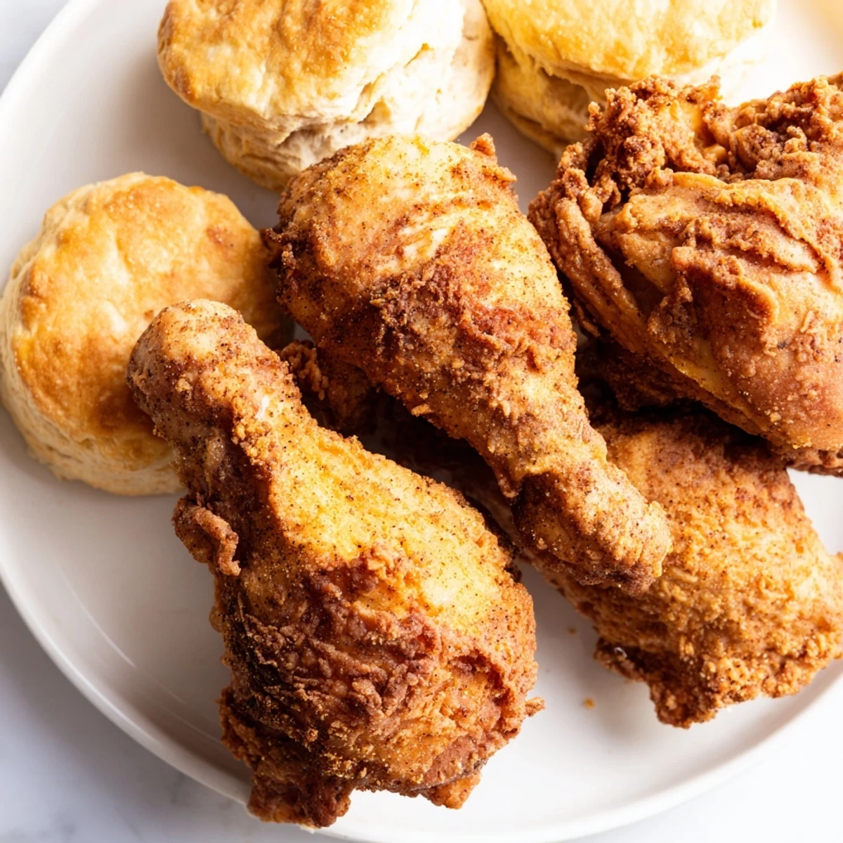 Crispy fried chicken thighs sit beside fluffy, buttery buttermilk biscuits ready to eat.