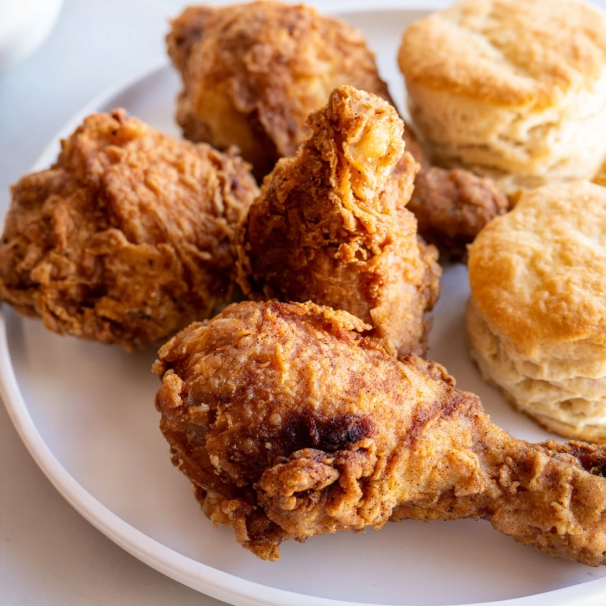 Freshly baked Southern Fried Chicken with Buttermilk Biscuits served with honey butter drizzle.