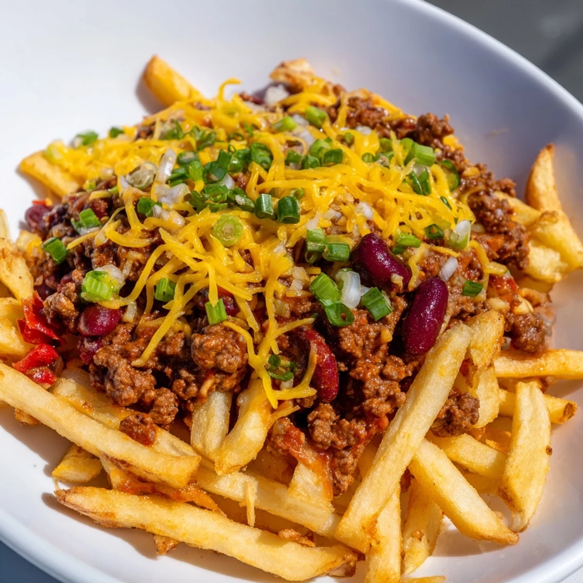 Golden crispy Game Day Chili Cheese Fries piled high with savory beef chili.