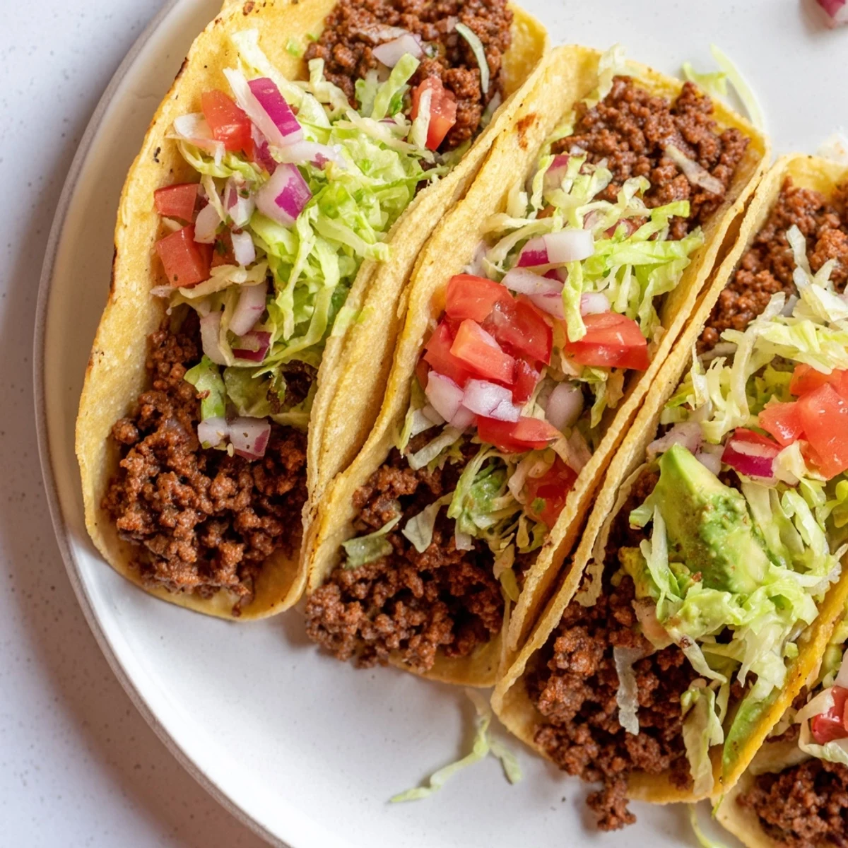 Freshly cooked ground beef simmered in homemade seasoning sits inside warm corn tortillas, topped with shredded lettuce, diced tomatoes, and melted cheddar cheese.