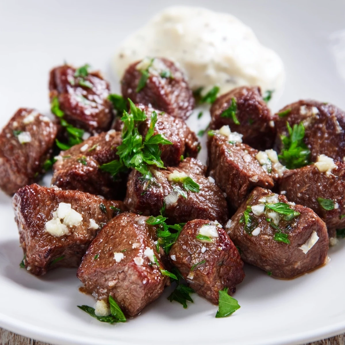 Garlic Butter Steak Bites with Horseradish served in a skillet garnished with fresh parsley for an easy weeknight meal.