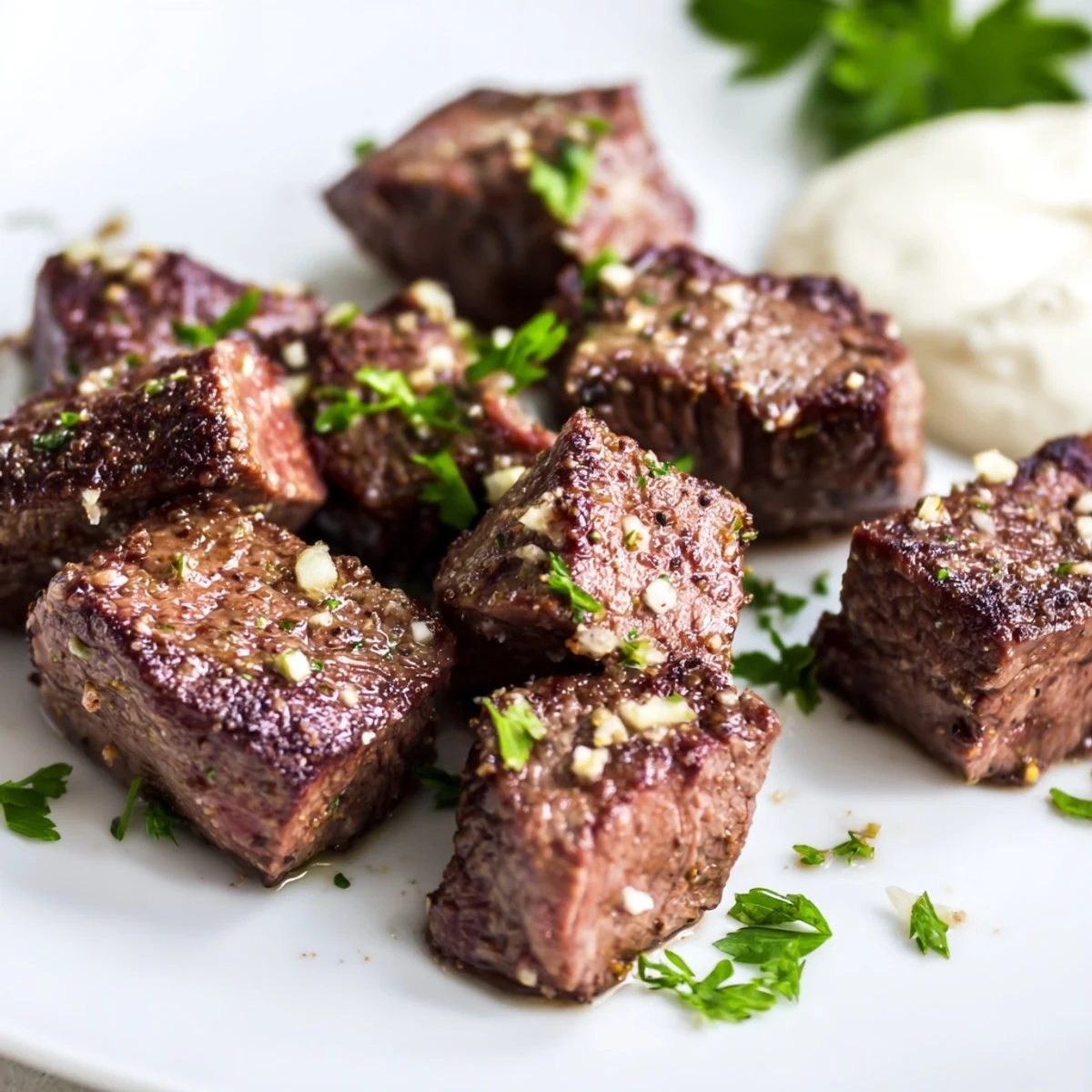 Close-up of juicy Garlic Butter Steak Bites with Horseradish glistening in garlic butter and topped with fresh chopped parsley.