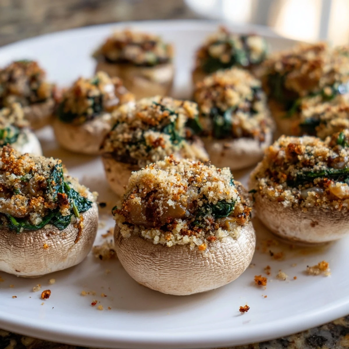 Golden-baked Vegetarian Stuffed Mushrooms with spinach and cheese on a rustic wooden board.