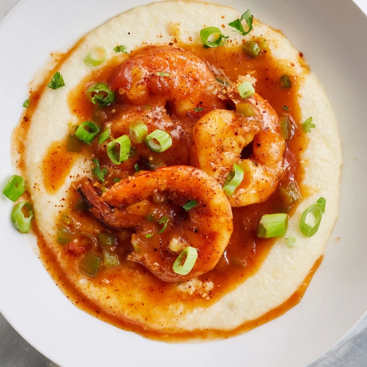Creamy cheddar grits topped with Creole shrimp and rich tomato gravy in a rustic bowl.