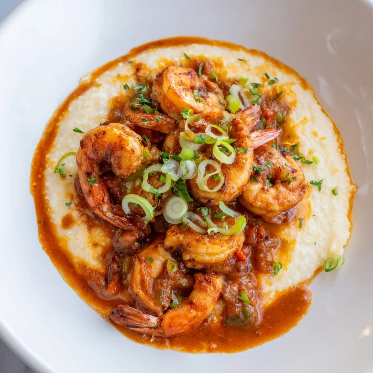 Succulent Creole-spiced shrimp spooned over creamy grits and vibrant tomato gravy, ready to serve.