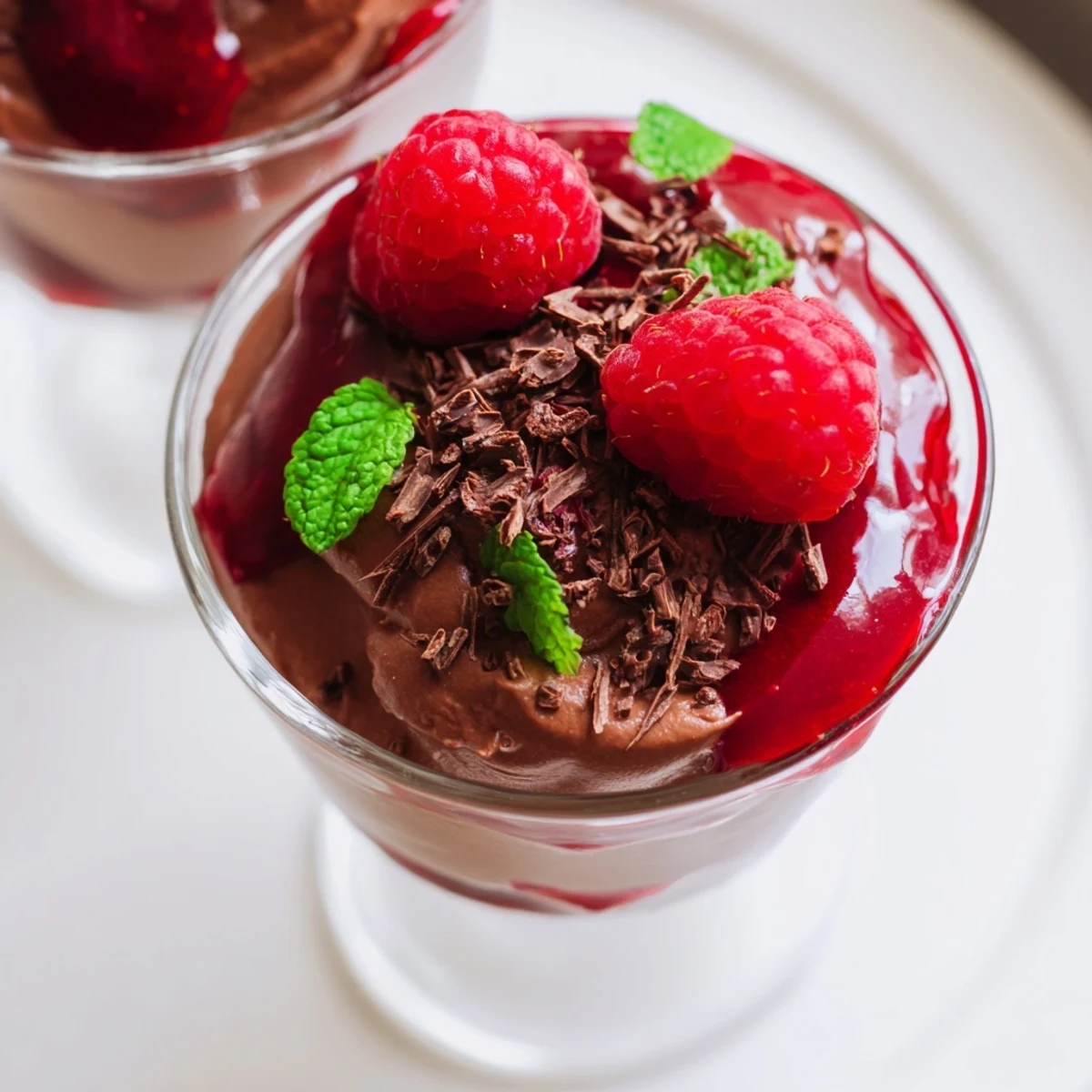 Creamy chocolate mousse in a glass, topped with fresh raspberries and bright red raspberry coulis.