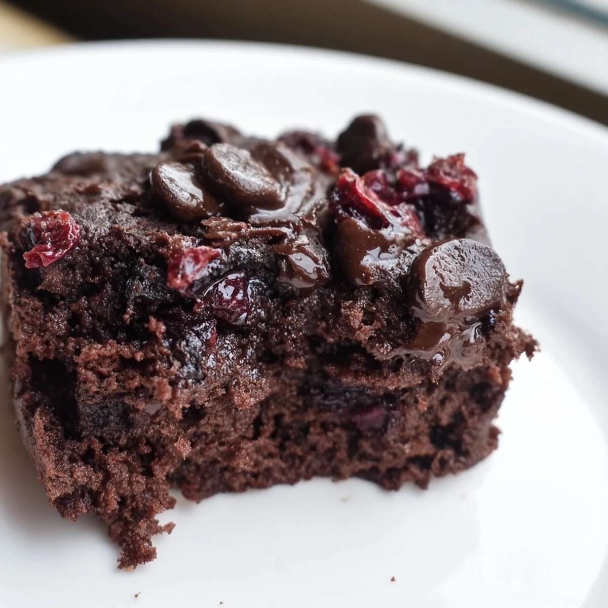 Freshly baked Chocolate Cherry Brownie Bites display glossy melted chocolate chips and chewy cherry pieces on a serving platter.