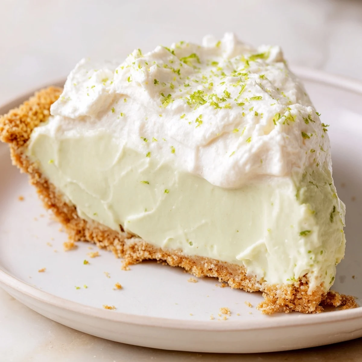 A slice of Key Lime Pie with Whipped Cream Topping on a white plate, garnished with fresh lime zest and a dollop of fluffy cream.