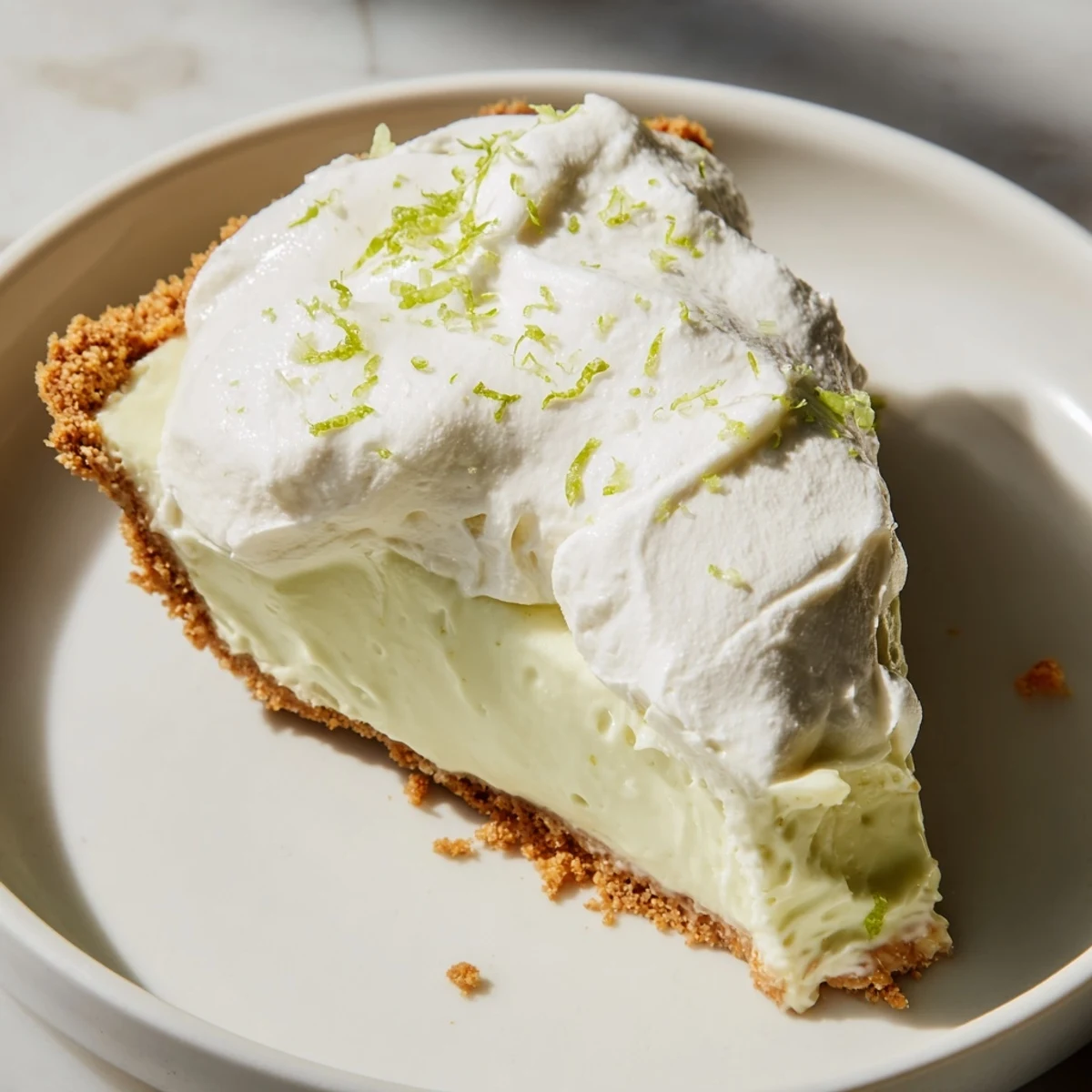 Close-up of Key Lime Pie with Whipped Cream Topping, showing the creamy lime filling and billowy whipped cream topping, perfect for summer dessert.