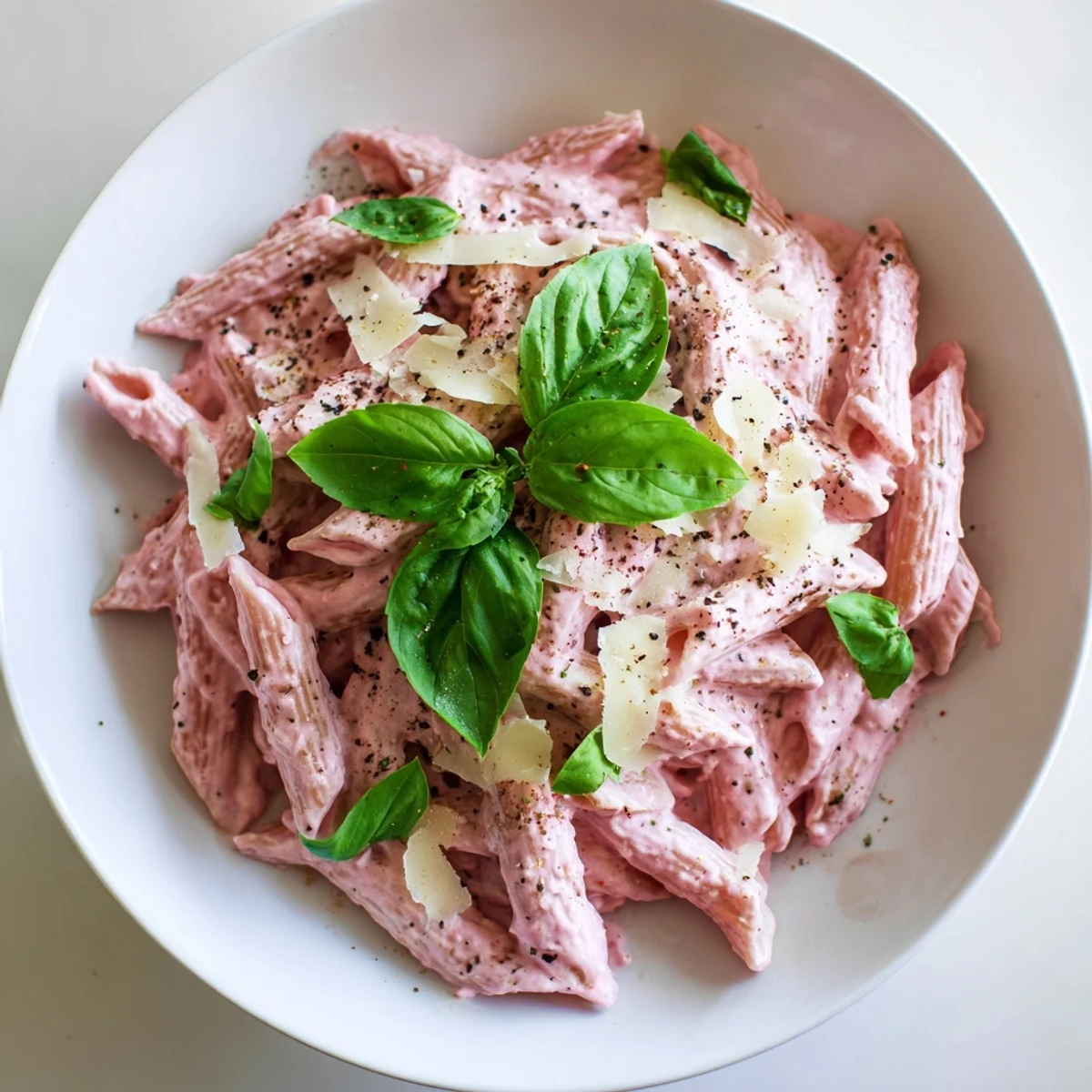 Steaming pink pasta with beet cream sauce twirled onto a fork, ready to serve with a glass of white wine.