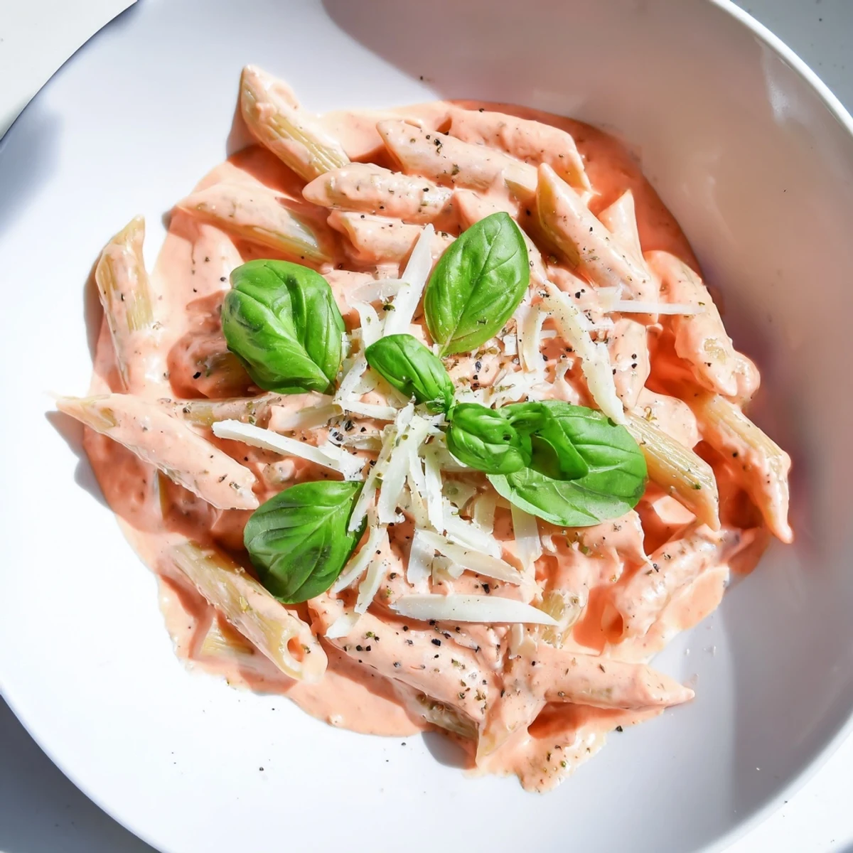 Close-up of creamy pink pasta with beet cream sauce, highlighting its velvety texture and colorful vegetable garnish.